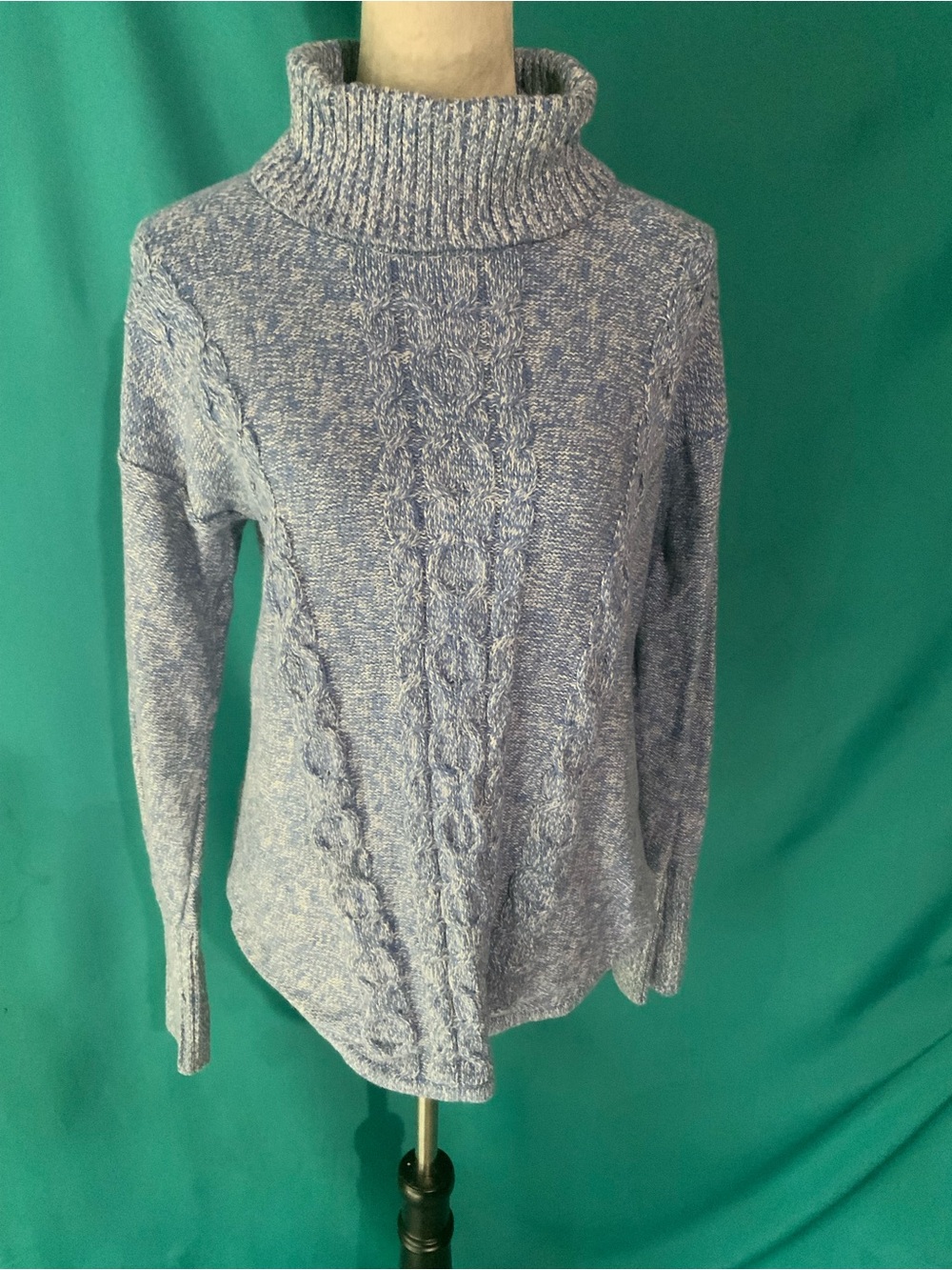 L.L. Bean Heathered Light Blue Cable Turtleneck Sweater. 100% Cotton.